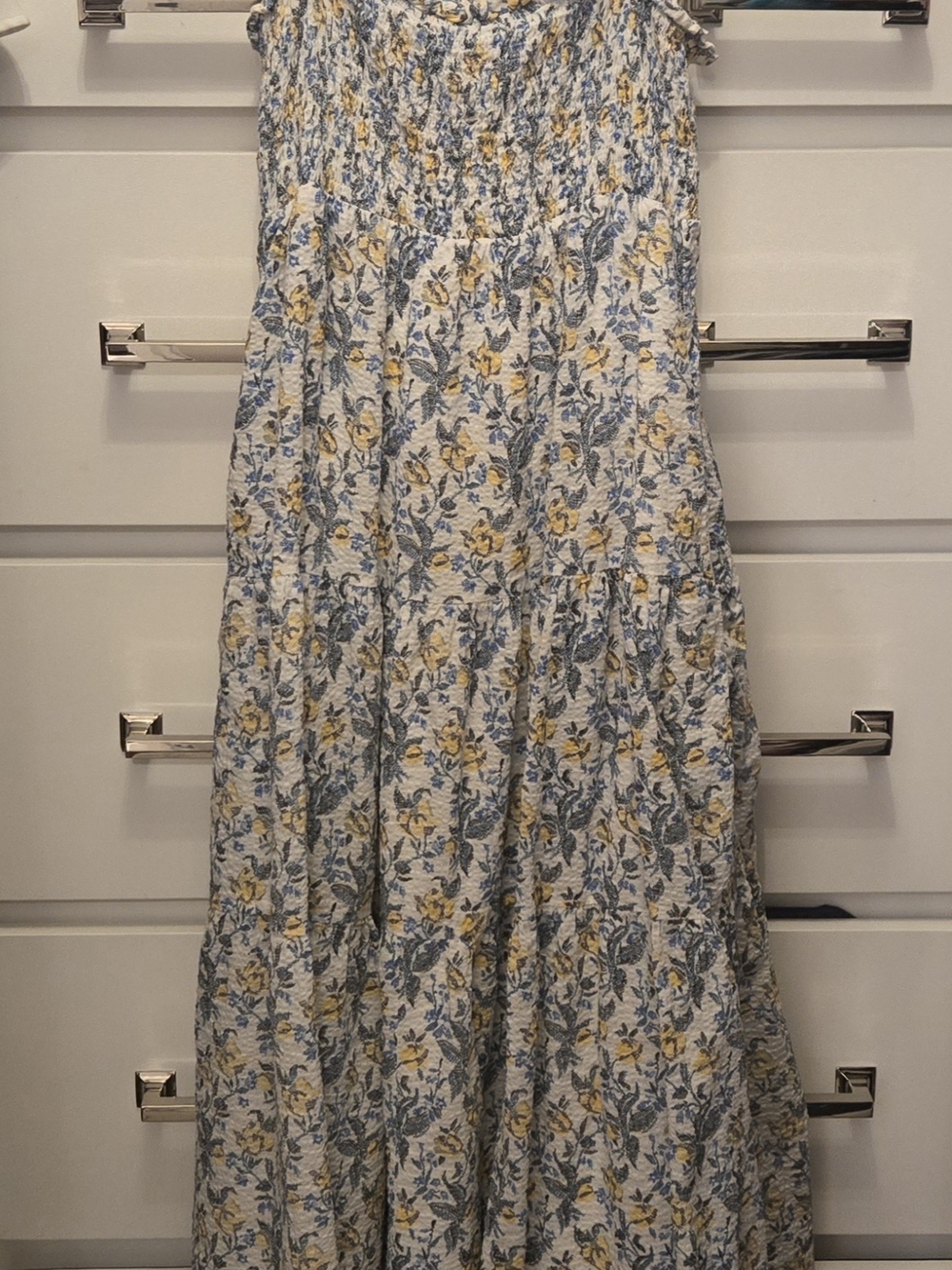 En Saison White Smocked Top with Blue and Yellow Floral Print